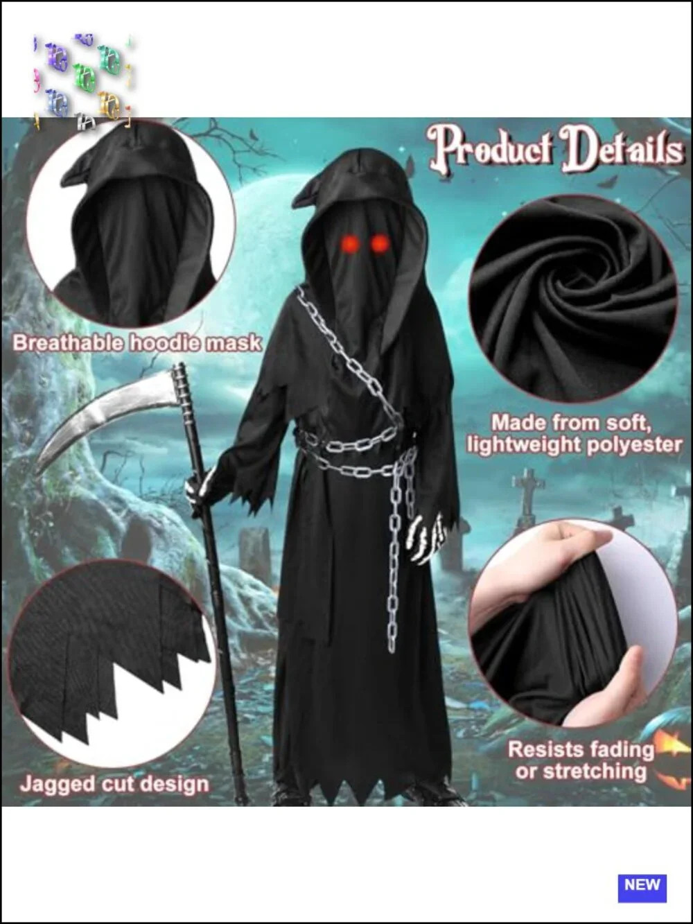 Kids Grim Reaper Costume 7 Piece Set Scary Halloween Boys Cosplay